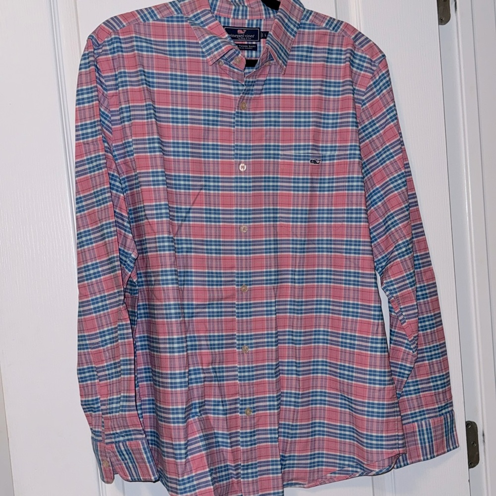Men’s Vineyard Vines Slim Fit Tucker Shirt L Pink Blue Plaid Long Sleeve